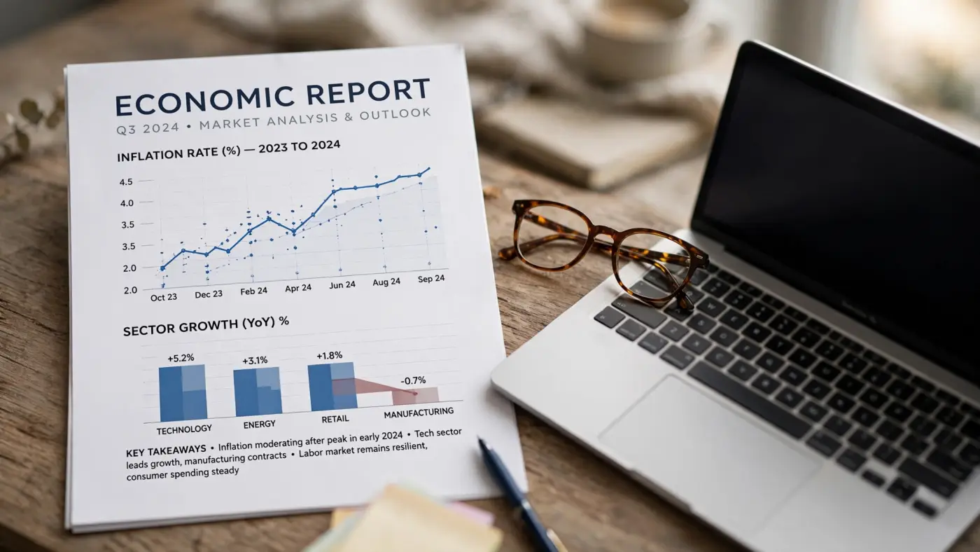 Informe económico impreso con gráficos junto a una computadora portátil y anteojos de lectura