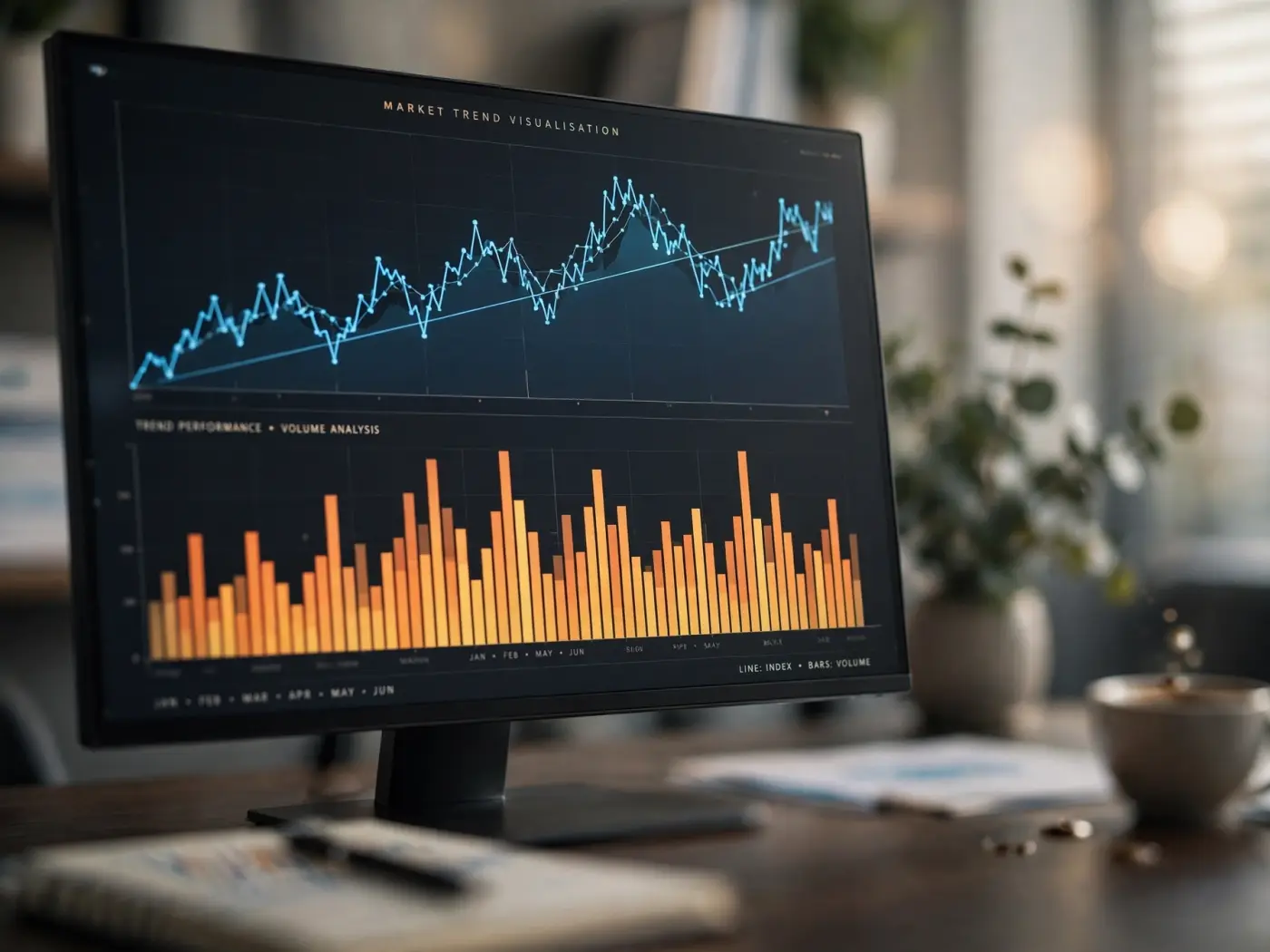 Gráficos financieros de líneas y barras en un monitor grande mostrando visualización de tendencias de mercado