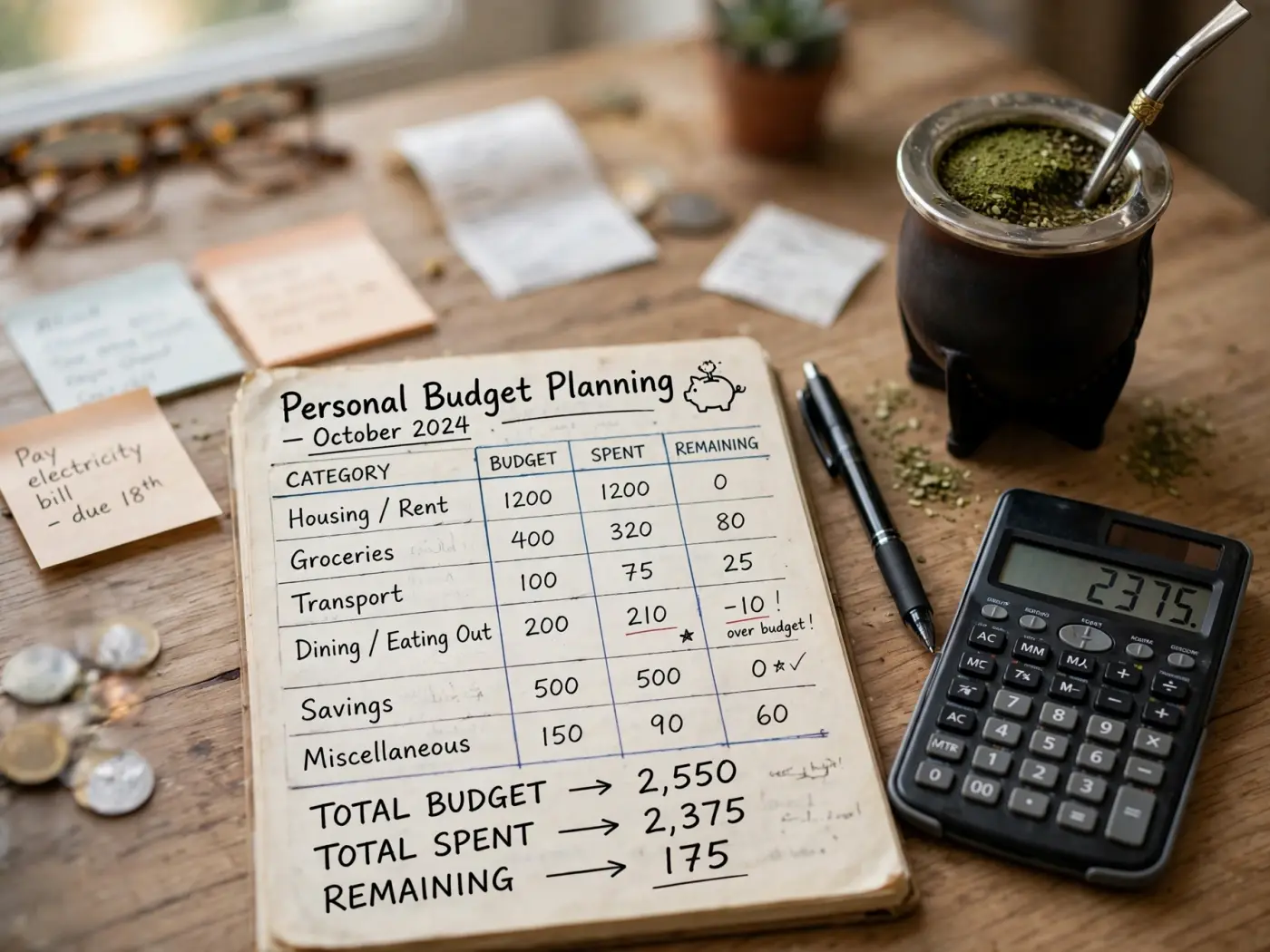 Planificación de presupuesto personal en un escritorio con cuaderno, calculadora, lapicera y un mate