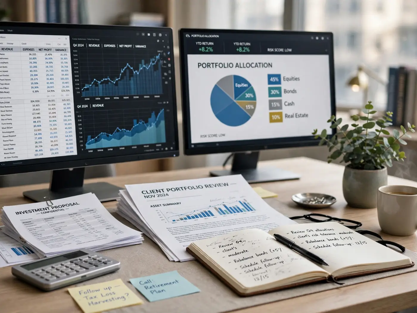 Espacio de trabajo de consultoría financiera con dos monitores, documentos y una planta
